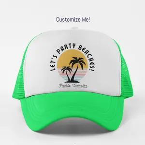 Custom BIRTHDAY Party Trucker Hat – Personalized Retro Palm Tree Theme Party | Trucker Party Hats, Bday Hats, Palm Tree Tropical Pool Beach Party Accessories, Matching Group Hats