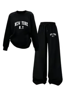 New Spring Summer Round Neck Long Sleeve Loose Sweatshirt Set, Fashion New York Letter Pattern, Casual Fit for Teens Boys Girls