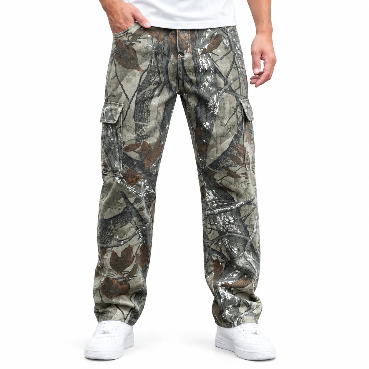 Men's Camo Print Tactical Pants - All-Season Relaxed Straight Leg Utility Trousers with Multiple Pockets, Durable Fabric Outdoor Workwear, Sizes 28-36 Stylish Loose Fit Menswear