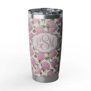 Personalized Pink Hydrangea 20oz Tumbler, Monogram Floral Skinny Travel Mug, Cute Aesthetic Coffee Cup, Insulated Stainless Steel Tumbler, Custom Name Cup, Girly Pink Floral Gift for Her, Coquette Style Drinkware