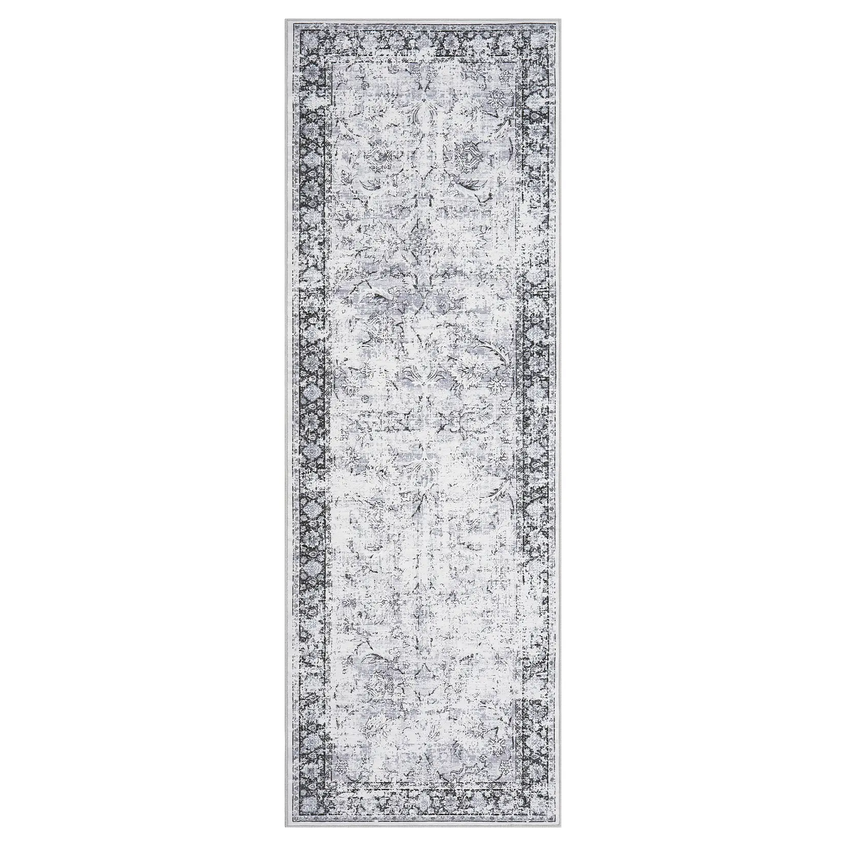 Vintage 2x6 ft Polyester Grey Rectangular Soft Home Decor Rug - Artfully Mottled Distressed Floral, Low Pile, Durable, Stain Resistant, Machine Washable, Non-Slip Backing for Bathroom, Laundry, Decorative Anti-Slip Area Rug