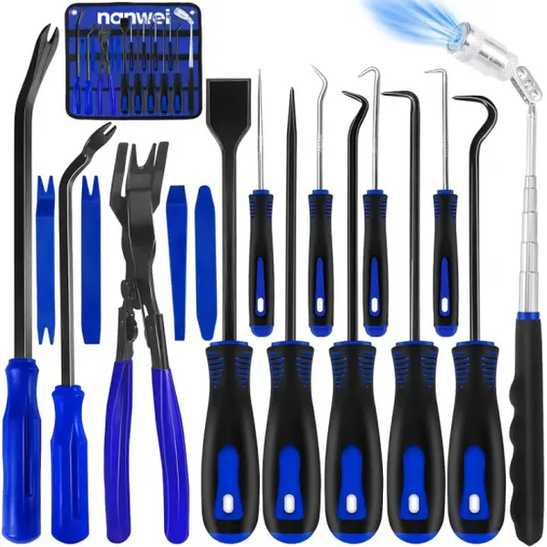 17Pcs Carbon Steel Precision Pick & Hook and Trim Removal car Tool Set with Scraper and Magnetic Telescoping Tool Kit for Remove Automotive Electronics Maintenance Hoses Gasket Hand Pick Up Tools garage gadgets