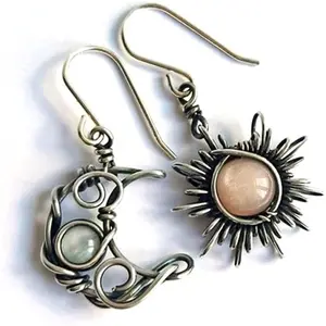 Retro Sun Moon Earrings & Necklace Moonstone Asymmetric Boho style Earrings for Women Jewelry