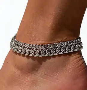 Double-layered thick and thin Cuban chain anklet, European and American beach vacation style foot ornament for girls' holidays gift.