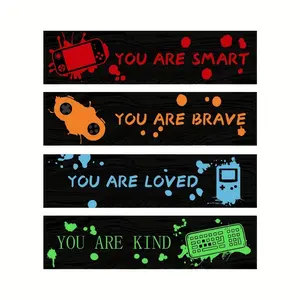 Vintage Game Wooden Wall Art - 2D Flat-Print, Wood Grain Print Design with Inspirational Quotes: 'You Are Smart', 'You Are Brave', 'You Are Loved', 'You Are Kind', Adhesive Included, Perfect for Living Room, Bedroom, Game Room Decor