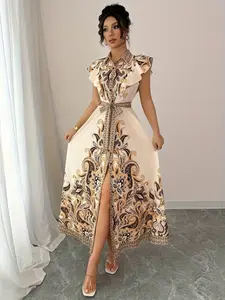 A women's fashionable apricot gold patterned slit lace up dress, with a slit design that highlights leg length and adjustable waistband, suitable for commuting to work, shopping and outdoor activities, indoor and outdoor dressing, Womenswear