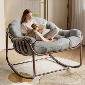 GarveeLife Outdoor Papasan Rocking Chair, Oversized Wicker Lounge Chair with Cushion and Metal Frame, Patio Rattan Egg Rocker for Balcony Backyard Porch Bedroom