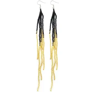 Handmade beaded extra-long Gold Black hook dangle earrings.