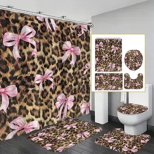 1pc Sweet Cool Leopard Print Bow Bathroom Four-Piece Set, Y2K Style Waterproof Shower Curtain, Non-Slip Mat, Toilet U-Shaped and Lid Covers for Stylish Decor
