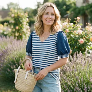 Tankaneo Womens Puff Sleeve Striped Tshirts Summer Oversized Color Block V Neck Tops Trendy Casual Loose Blouse Shirts Womenswear