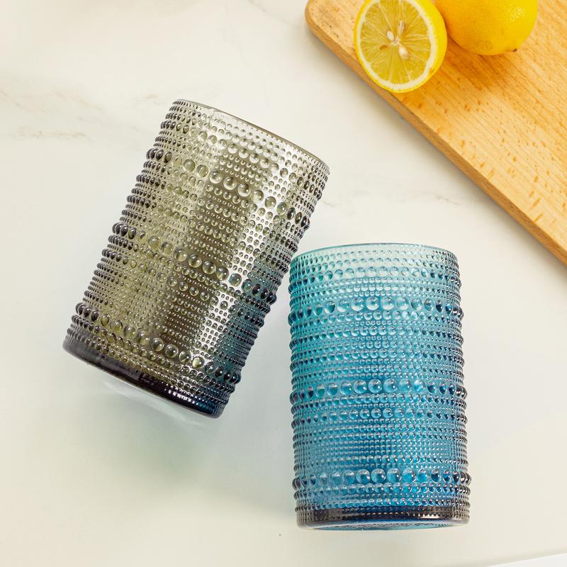 Polidream Vintage Glassware Set - 4pcs Drinkware Multicolor 15.2oz Hobnail Drinking Glasses for Beer, Cocktail, Soda & Juice - Embossed Old Fashioned Glassware with Four Unique Colors   wineglass anthropologie  juice