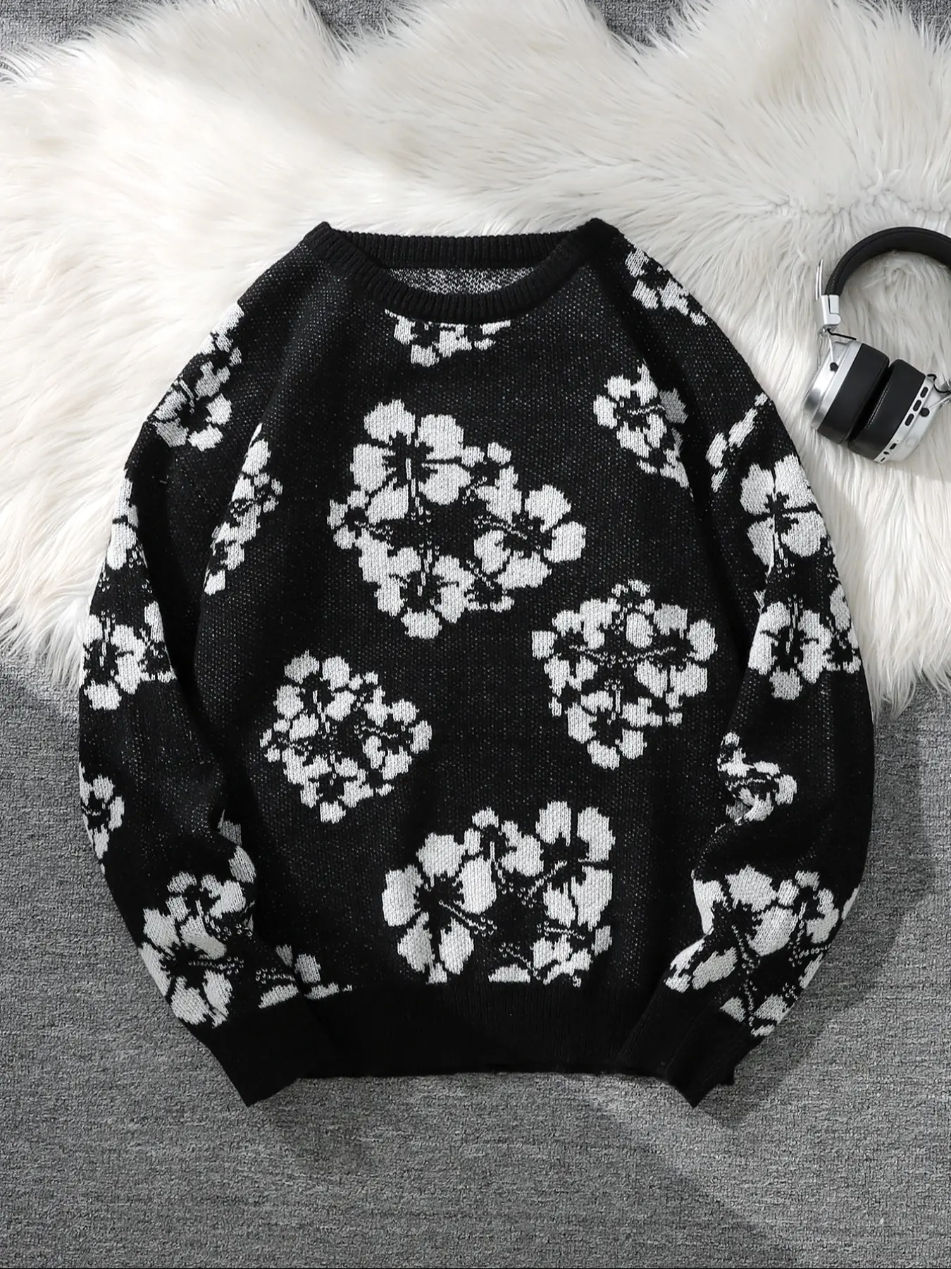 Men's Fall Winter Fitted Classic Sweater, All-Over Floral Pattern Knitwear, Casual Long Sleeve Round Neck Pullover, Cool Gift Idea for Him