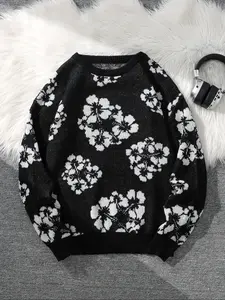 Men's Fall Winter Fitted Long Sleeve Sweater, All-Over Floral Pattern Classic Knitwear, Knit Tops, Casual Round Neck Pullover, Cool Gift Idea for Him