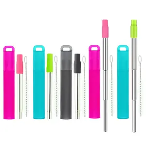 5 Pack Metal Reusable Collapsible Stainless Steel Portable Telescopic Drinking Straws, Travel Accessory, with Plastic Case Silicone Tip and Cleaning Brush, Easy to Carry in Pocket Keychain Wallet When Travel Work and Camping