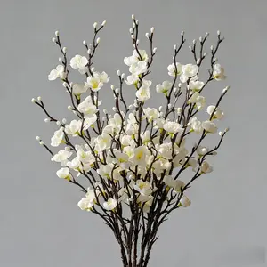 12/24Pcs Winter Artificial Flowers White Plum Silk Blossom 21.7'' Fake Wintersweet Long Stem Plastic Faux Flowers for Home Hotel Office Wedding Party Garden Centerpieces All Season Decor Ornaments