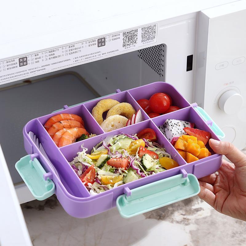 Kids Bento Box, 5 Compartments Leakproof LunchContainers with Tableware & Sauce Box, Microwave &Dishwasher & Freezer Safe, BPA Free, 40oz (Purple&Blue)