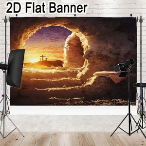 2D flat banner, 1pcCrucifixion Cave Scene Backdrop, Religious Easter Decorations with Crosses and Sunset Light for Biblical Themed Events
