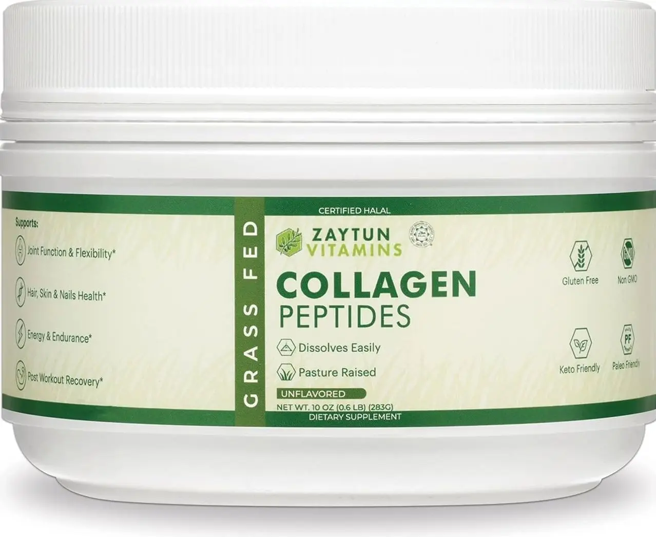Zaytun Halal Collagen Peptides Powder, Hydrolyzed Type I & III Collagen, Supports Joint, Bone, Muscles, Hair, Skin, & Nails, Keto Friendly, Grass-Fed, 10 oz, Made in USA, Certified Halal