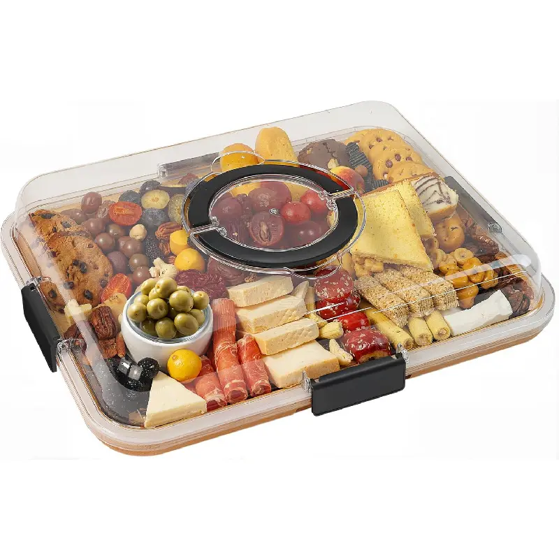Charcuterie Board with Clear Lid, Travel Portable Cheese Board Charcuterie Boxes Cutting Boards for Kitchen, House Warming Gifts New Home, Gifts for Women (Black, 6 Compartments)