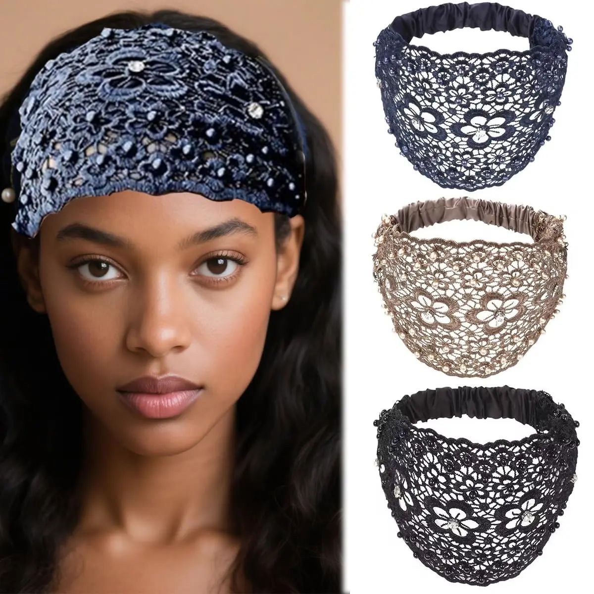 Cubidupi Women's 3pcs Band Set Headbands - Boho-Chic, Crystal-Pearl Embellished Wide Headbands, Luxury Hair Accessories for Weddings & Daily Styling