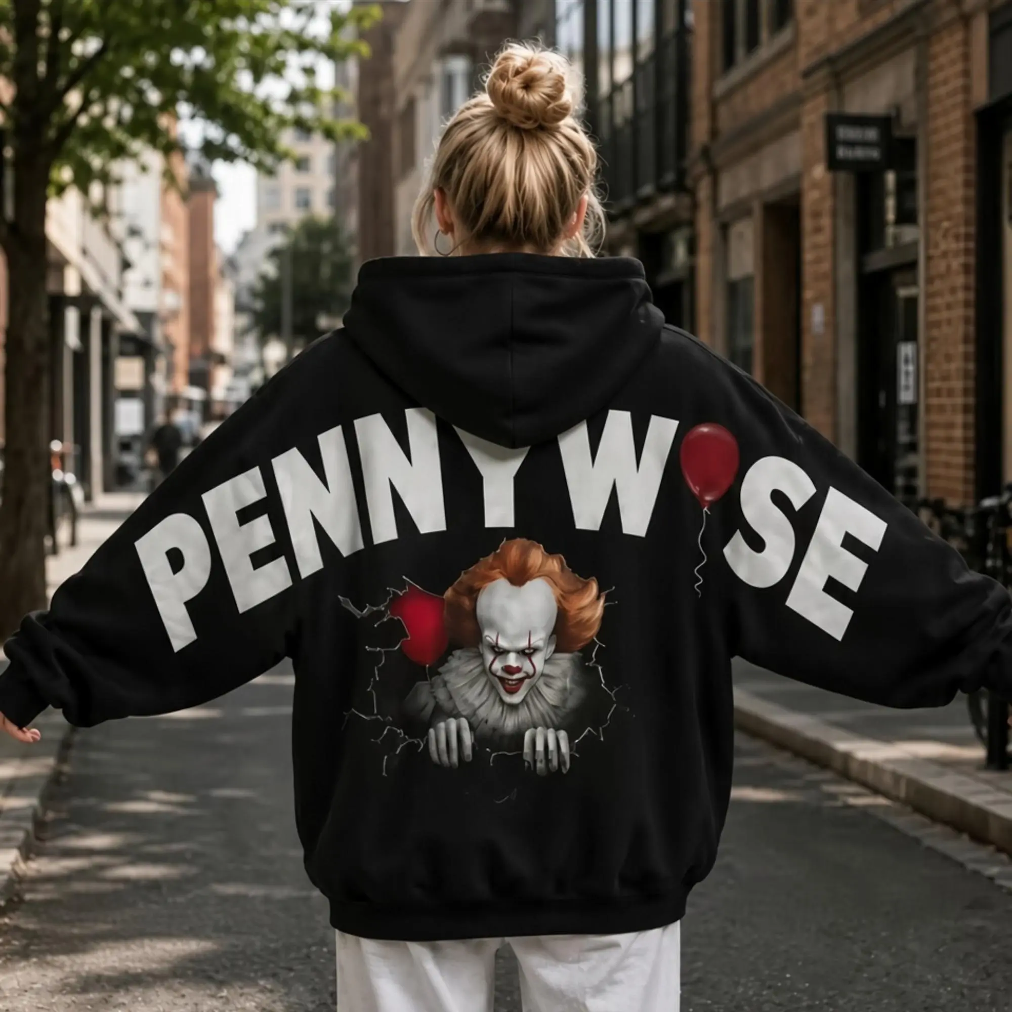 Pennywise Shoulder to Shoulder Hoodie Funny IT Clown Horror Movie Graphic Sweatshirt Spooky Season Back Print Apparel Scary Film Fan T-Shirt Edgy Streetwear Heavy Metal Style Crewneck Sweatshirt Cozy Hoodie Unique Gift