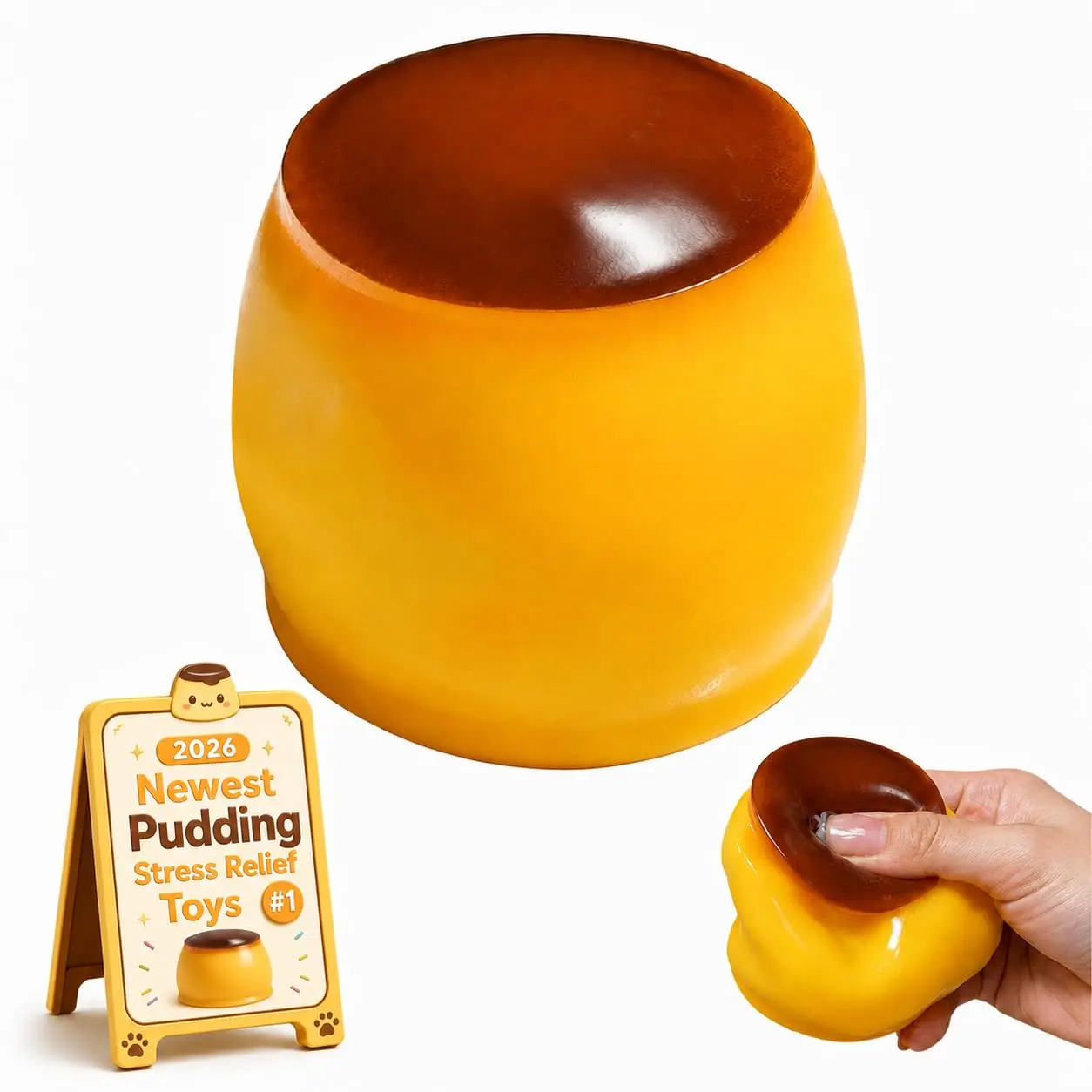 Crunchy Pudding Squishy ASMR Toy, Bead Filled Slow Rising Squeeze Toy, Realistic Caramel Flan Sensory Fidget, Soft Satisfying Stress Relief Desk Toy and Cute Food Novelty Gift for Adults and Teens
