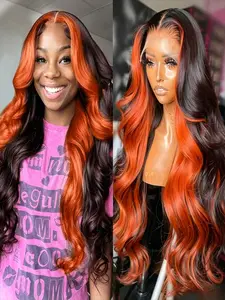 Orange Highlight Lace Front Wigs Glueless Synthetic Wig 13x3 Hd Lace Frontal Wig  LongBody Wave  Wigs Orange and Black Color Synthetic Lace Front Wig for Women Skunk Stripe Wig Dance Party Street Wear Use for Daily Party Cosplay Use