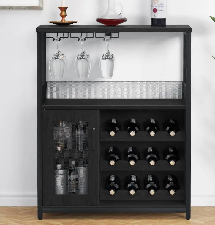 Wine Bar Rack Cabinet with Detachable Wine Rack, Coffee Barwith Glass Holder, Small Sideboard and Buffet Cabinet with Mesh Door