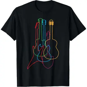 UAB KIDKIS Colored Guitars Electric Acoustic Classical Gift T Shirt Black S Unisex Short Sleeve Guitar Design Birthday Music Lovers