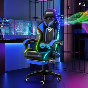 RGB Gaming Chair with Speakers, Massage, LED Lights, and Footrest – High Back Computer Chair for Adults, Blue and Black none