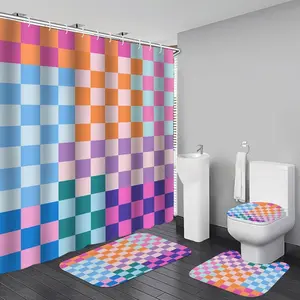 4 PCS Checkered Shower Curtain Sets Fun Gingham Bathroom Sets Soft Non Slip Bath Rugs Toilet Cover U-Shaped Mat Retro Bright Waterproof Shower Curtains with 12 Hooks for Tub Toilet, Colorful