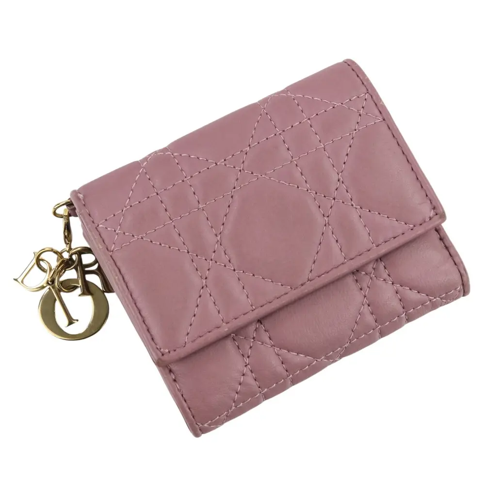 Pre-owned Dior Lambskin Small Leather Goods Christian Lady Cannage Trifold Wallet