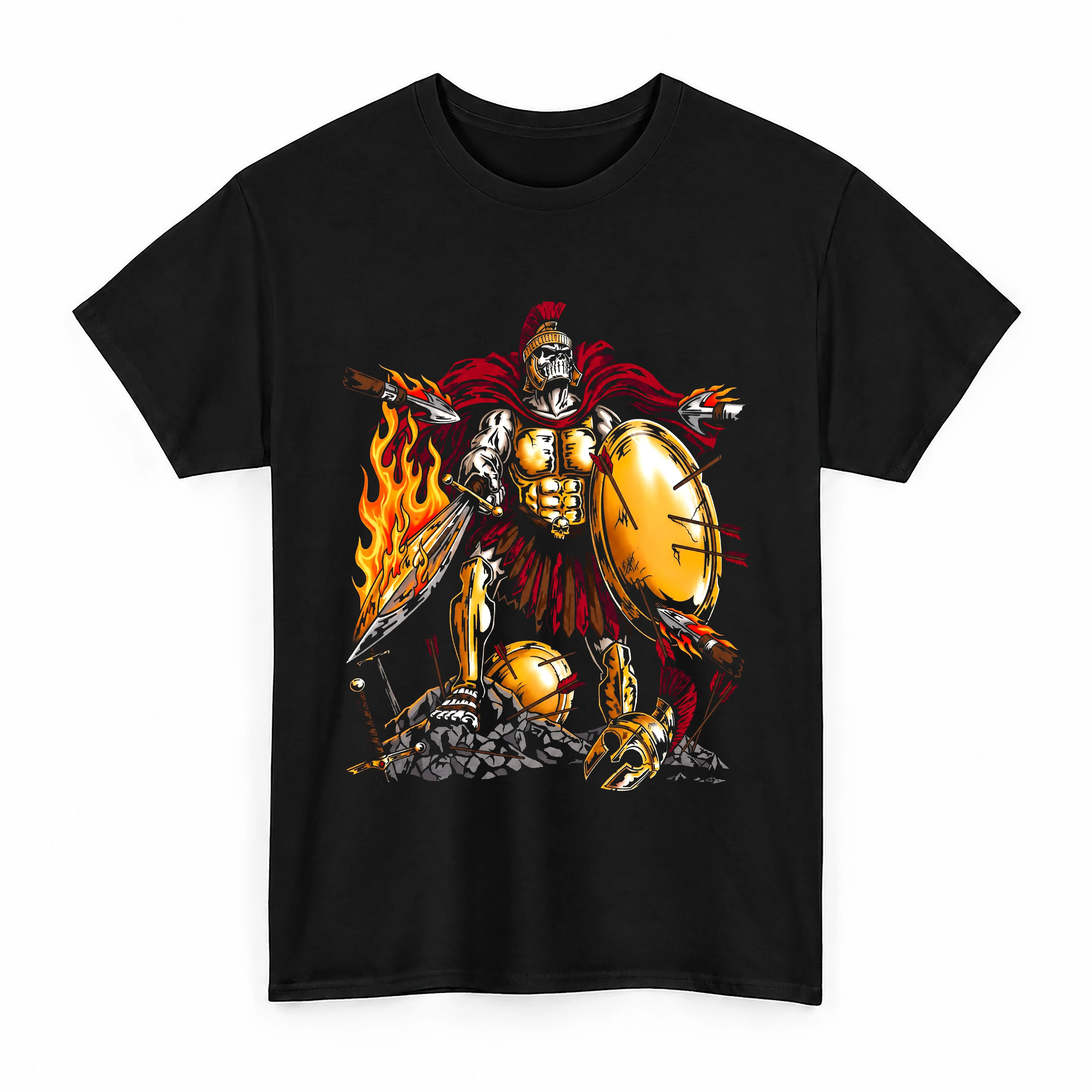 Battle Fallen Spartan Warrior T-Shirt Ancient Gladiator Skeleton Graphic Tee Fire & Armor Vintage Shirt