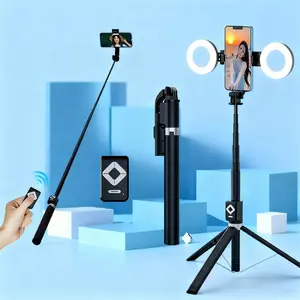 6-in-1 Selfie Stick Tripod with Dual Fill Lights & Wireless Bluetooth Remote 67'' Extendable Phone Stand Portable Adjustable Travel Tripod Compatible with iPhone & Android Cordless Smartphone Black