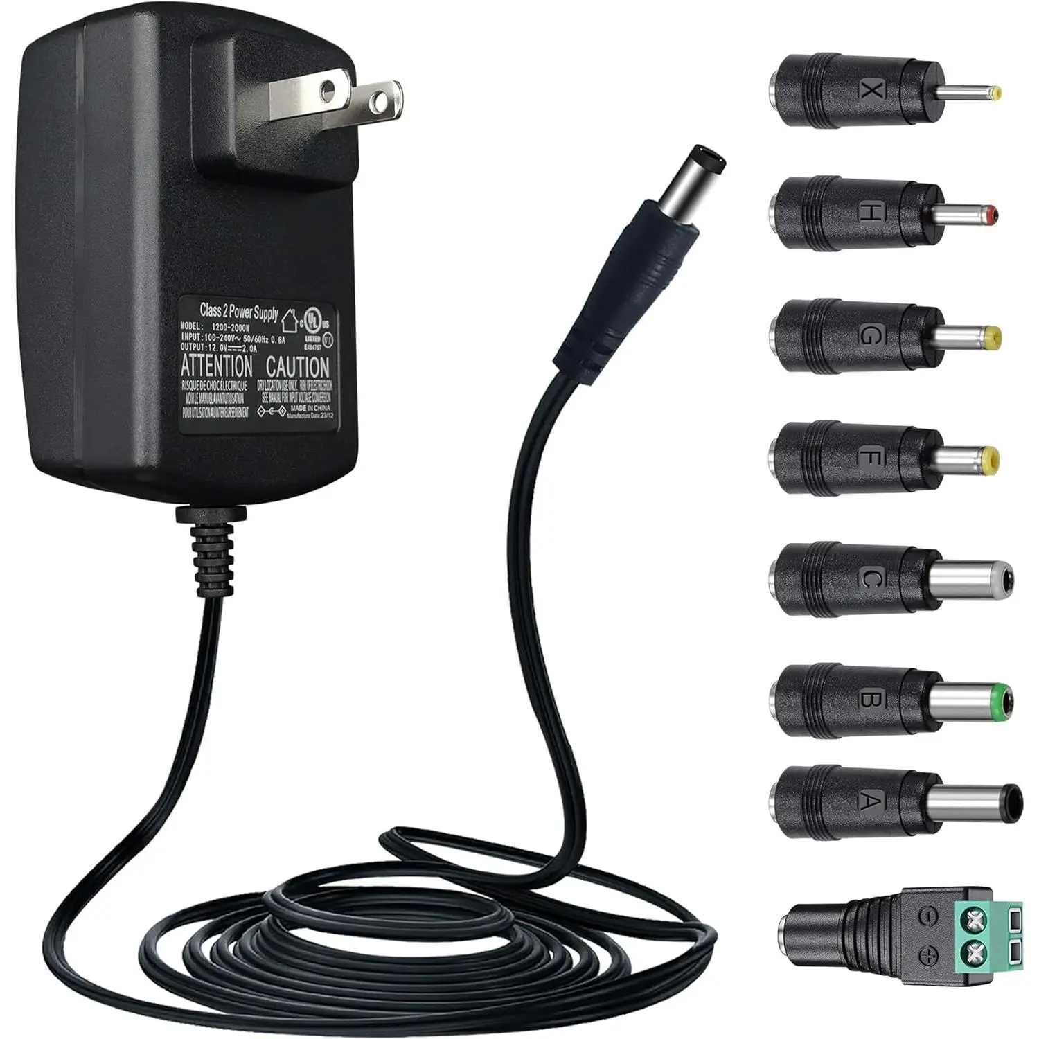 12V 2A 10ft Power Adapter with 8 Tips, Regulated 12Volts 2000mA 24W AC Adapter Charger Replacement for LED Strip Light CCTV Camera BT Speaker Router DC 12V Transformer and More [UL Listed]
