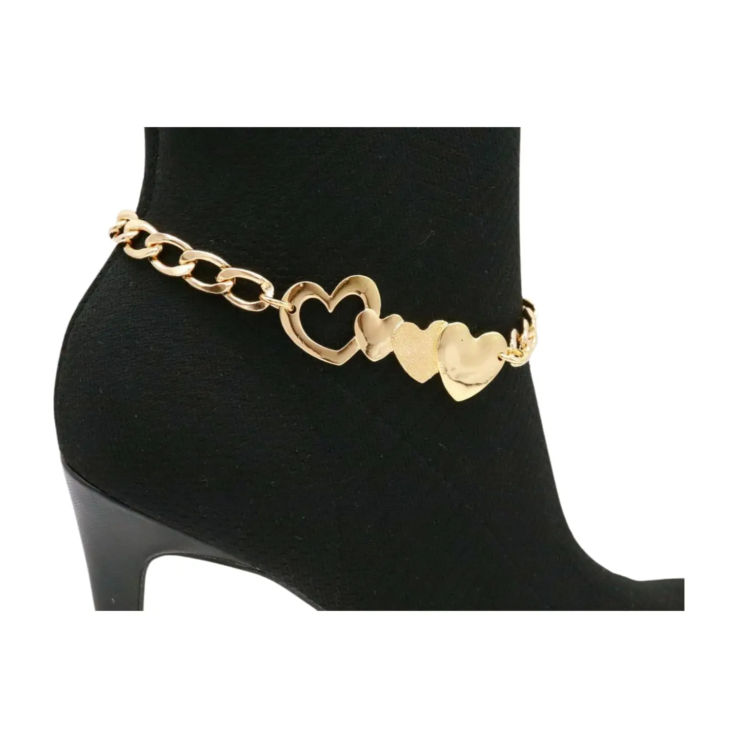 Women Western Fashion Gold Metal Boot Chain Bracelet Shoe Anklet with Hearts Charm 10-15" Long Single Side Strap for Special Events Party Dance Prom