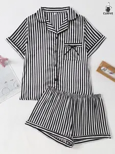 Plus Size Women's Silk-Like Pajama Set, Striped Short Sleeve Button Front Top and Shorts, Elegant Chic Loose-Fitting Sleepwear & Loungewear for All Seasons