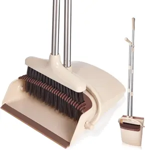 Broom and Dustpan Set with Long Handle, Lightweight Stainless Steel Poles, Upright Design, 1-Pack for Home Kitchen, Office, and Pet Use