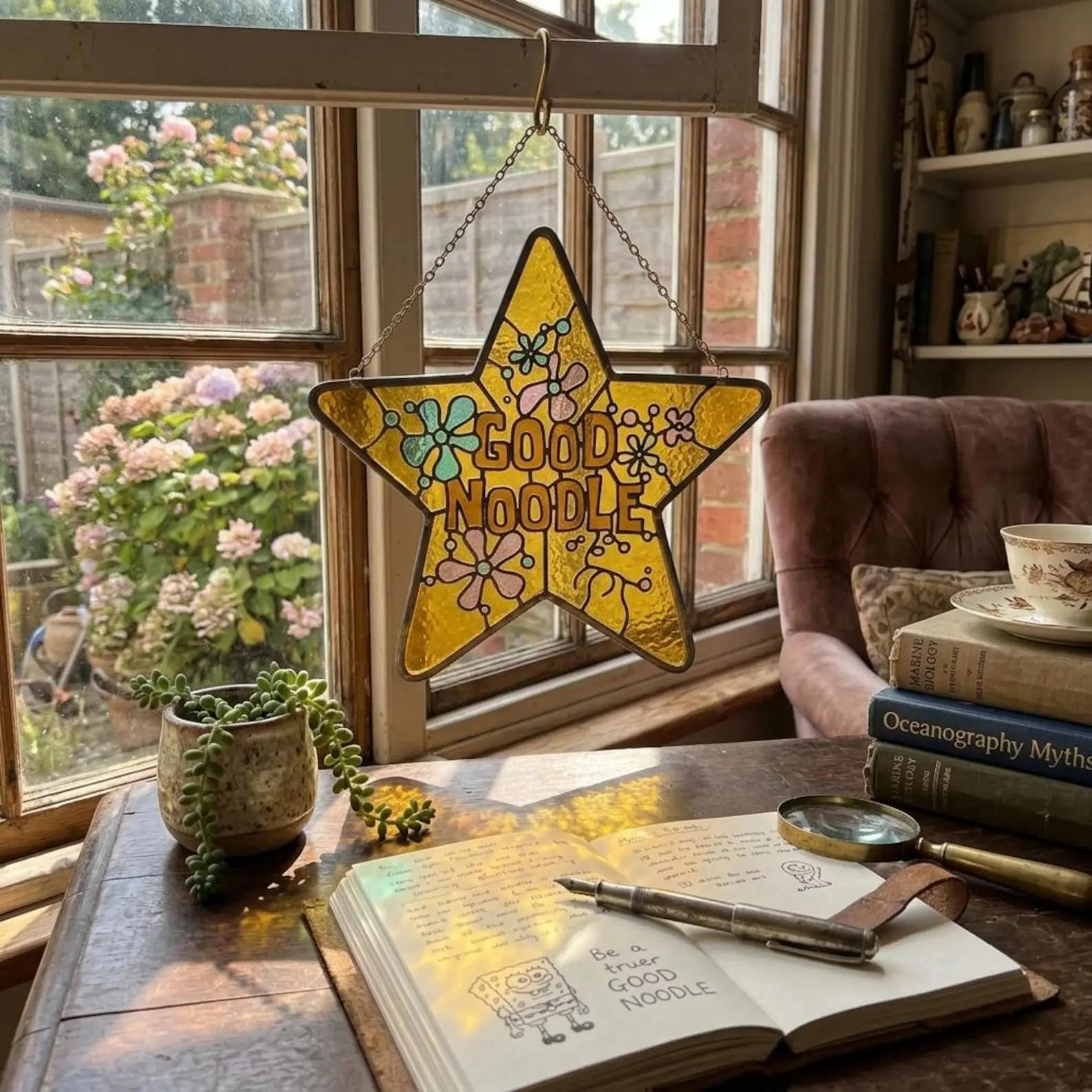 GOOD NOODLE Stained Glass Star Window Hanging | SpongeBob Inspired Gift | Vintage Script Glass Suncatcher | Funny Encouragement Home Decor