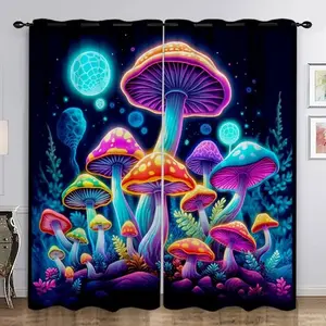 2pcs Fantasy Mushroom Print Curtains, HD Digital Printing, Rod Pocket Installation, 100% Polyester, All-Season UV Protection Decorative Drapes, Home Decoration Curtain, Window Curtain, Home Textile