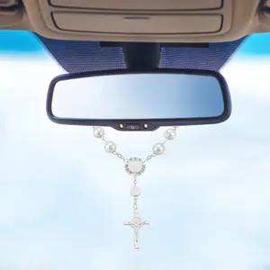 Rearview Mirror Hanging Decor - Pearl & Cross Car Charm, Religious Rosary Pendant with Glittering Beads, Faith-Inspired Auto Accessories for Women & Men, Car Interior Accessories