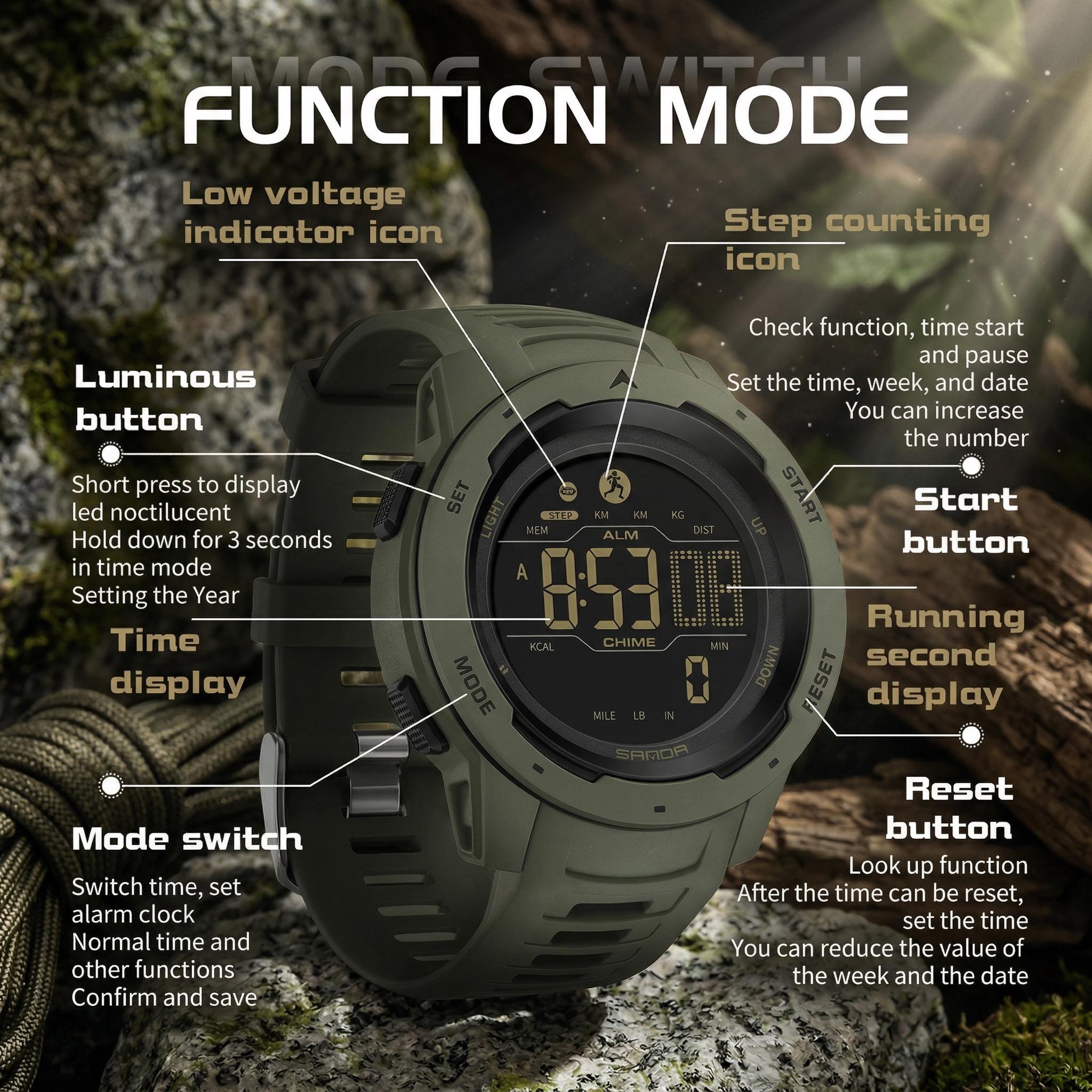 Men's Digital Watch Waterproof Pedometer Watches Sport Watch Step Counter Calorie Military Watch with Stopwatch Alarm LED Backlight Countdown