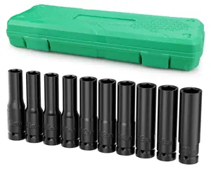 1/2" Drive Deep Impact Socket Set 10Pcs Metric 6-Point Cr-V Steel, 10mm-24mm with Extension Bars, for Auto Repair, Home Garage, Mechanical Fixing & Construction, Multi-Function Manual Tool Accessory