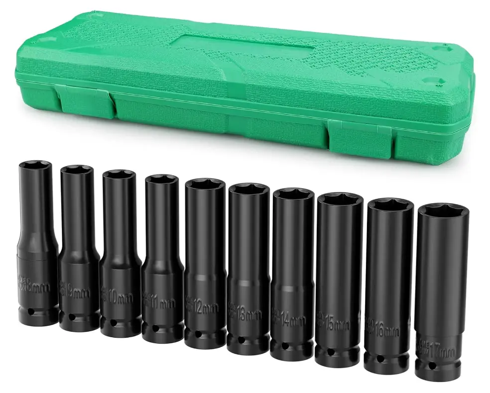 1/2" Drive Deep Impact Socket Set 10Pcs Metric 6-Point Cr-V Steel, 10mm-24mm with Extension Bars, for Auto Repair, Home Garage, Mechanical Fixing & Construction, Multi-Function Manual Tool Accessory