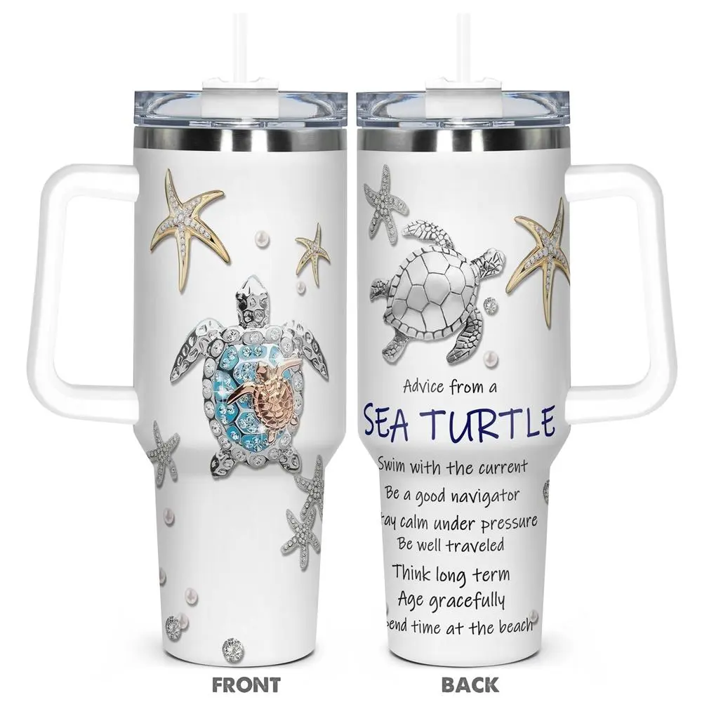 40oz Tumbler with Lid, 1 Count Stainless Steel Insulated Water Cup with Straw & Cleaning Brush, Ocean Themed Tumbler, Insulated Coffee Tumbler, Perfect Gift for Turtle & Ocean Lovers, Insulated Travel Drinkware, Drinkware