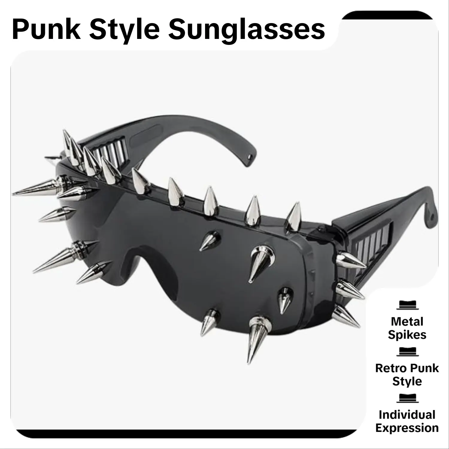 Punk Style Metal Spike Sunglasses - Glossy Finish Plastic Frame, Comfortable Rubber Nose Pads, Retro 80s-90s Design, Punk Accessories for Casual, Business Party Cosplay Festival Use