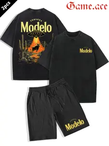 GAME.ACE Washed Black Oversized Set, "Modelo UFO Bull Desert" Graphic Tee & Shorts Outfit, Vintage Western Streetwear, 100% Cotton Breathable Unisex Loungewear, Ideal for Daily Wear & Beer Fans
