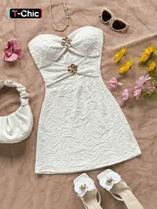 Women's Vacation Strapless Hollow Flower Metal Buckle Mini Dress, Knit Fabric, Perfect for Beach, Music Festivals, Summer