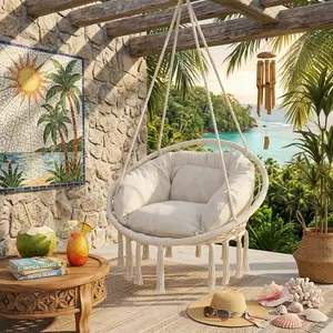 Macrame Hanging Hammock Swing Chair with Large Padded Cushion, 350LBS Heavy Duty Hanging Swing Seat, Comfort Hammock Chair for Adults Teens, Indoor Bedroom Reading Napping, Outdoor Porch Patio Relax Swing Chair