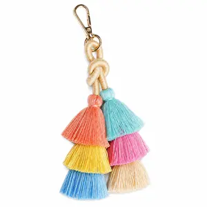 Colorful Keychains Boho Pom Tassel Bag Decorations Charm Wristlet Bracelet Keyring For Women